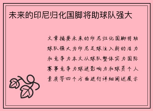 未来的印尼归化国脚将助球队强大